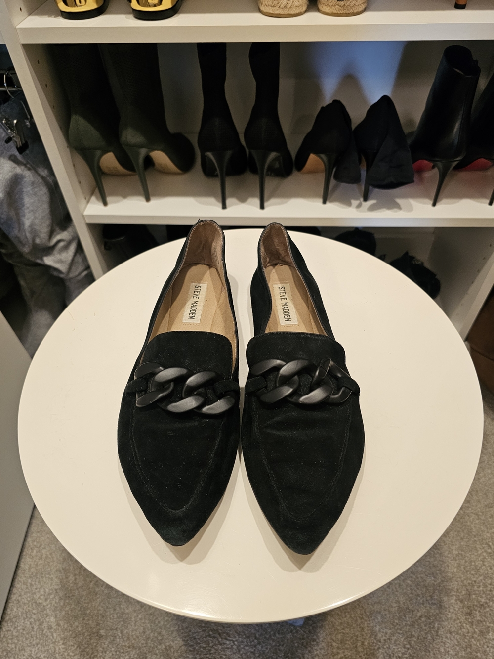 Steve Madden Black Suede Pointed Loafers with Chain Accent